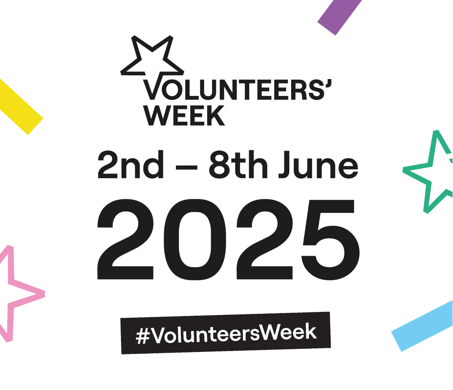 Graphic with the words Volunteers' Week 2-8 June 2025 #VolunteersWeek